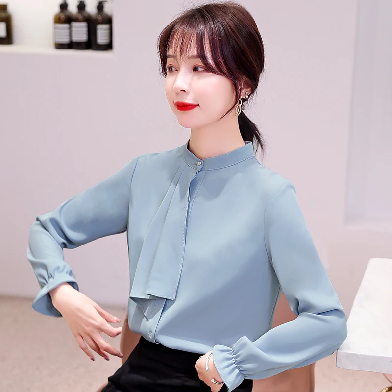 

COIGARSAM Korea Style Full Sleeve Shirt Womens tops New Spring Office Lady Chiffon Solid Women shirts White Blue 6182