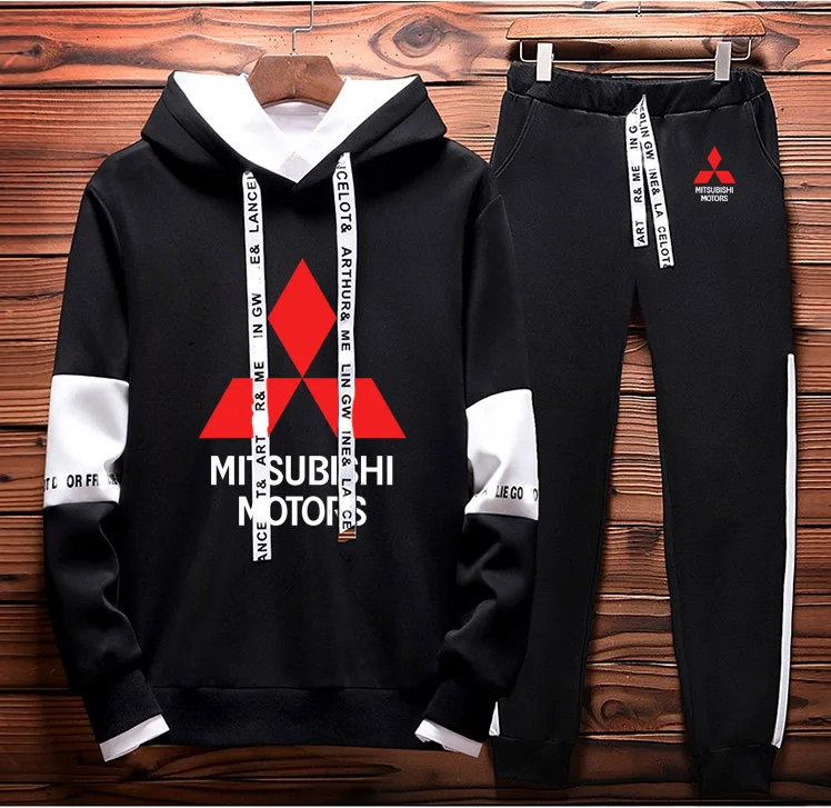 Mens Hoodies sweatshirt Mitsubishi Car Logo Printed Spring Autumn Hoodies+Pants 2Pcs Sporting suit Fleece Warm Thick sportwear - Цвет: Черный