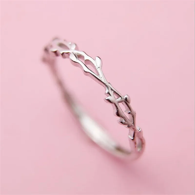 Nuevos anillos de apertura SR605 para mujeres exquisitas rama Popular chapada en plata de ley 925 hoja de Espina de rama Simple