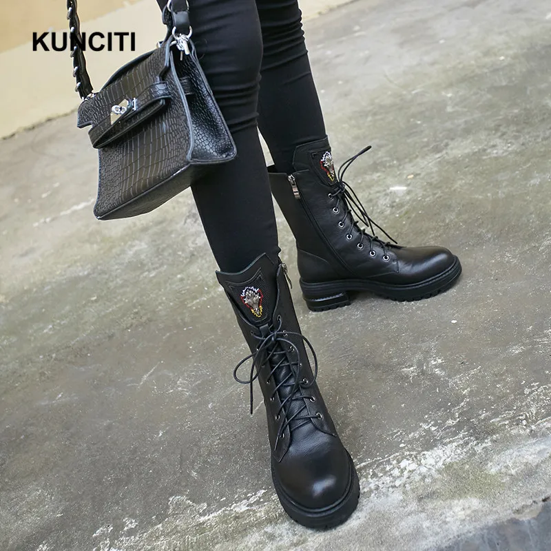 KUNCITI/ ковбойские ботинки для женщин; женские зимние ботинки до середины икры на высоком каблуке женские ботинки-гладиаторы на шнуровке натуральная кожа; D9195