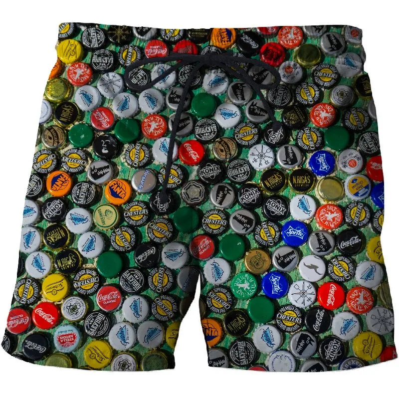 

Beer Bottle Caps 3D Printed Pattern Casual Beach Pants Quick Dry Summer Shorts Hip Hop Style Drawstring Elastic Waist Shorts