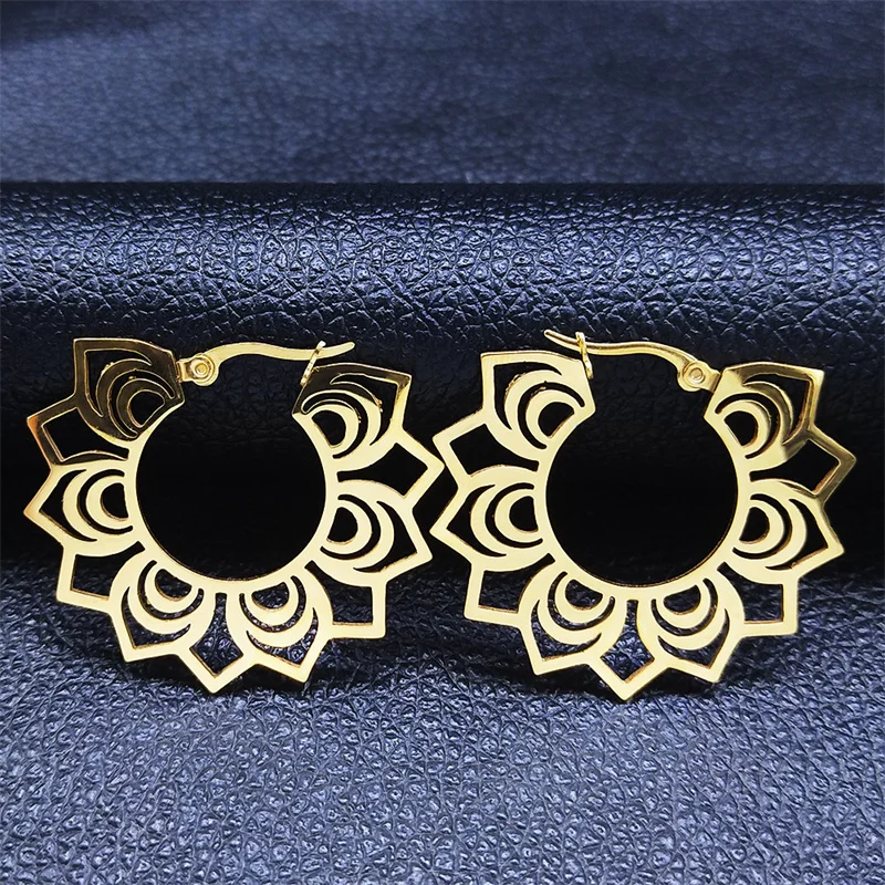 2026 Edelstahl Große Lotusblumen-Kreisohrringe für Damen Goldfarben Indische Runde Ohrringe Schmuck pendiente aro E8970S01 – Detail 2