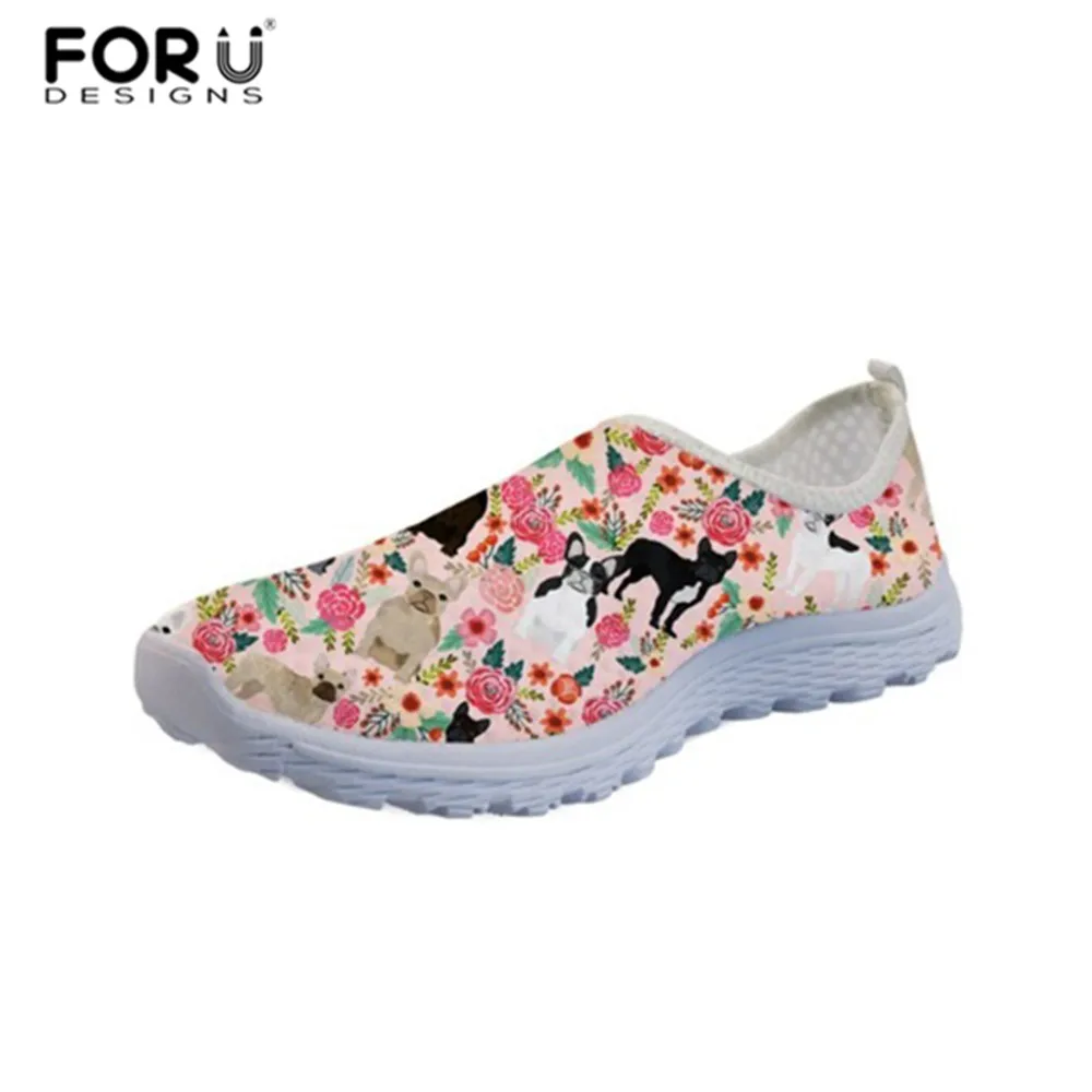 

FORUDESIGNS Flat Women Shoes Floral French Bulldog Print Mesh Female Super Light Breathable Lady Sneakers Slip-on Casual Loafers