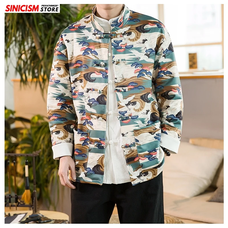 Sinicism Store, мужские осенние куртки в китайском стиле с принтом журавля, s, свободная модная уличная одежда, мужская куртка с пряжкой, 5XL