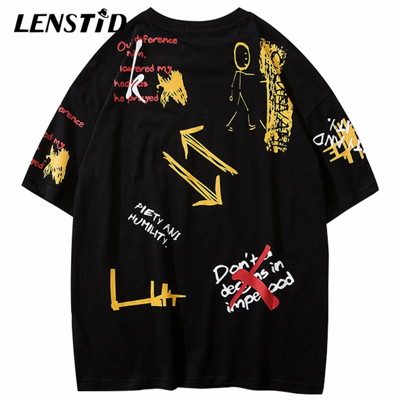 LENSTID Летняя мужская хип-хоп футболка с граффити Harajuku уличная футболка с коротким рукавом модные топы футболки для скейтборда