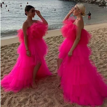 

Honey Sister Party Dress Hi Low Prom Gowns Strapless robe de soiree Hot Pink Prom Gown Lush Tiered Custom abendkleider