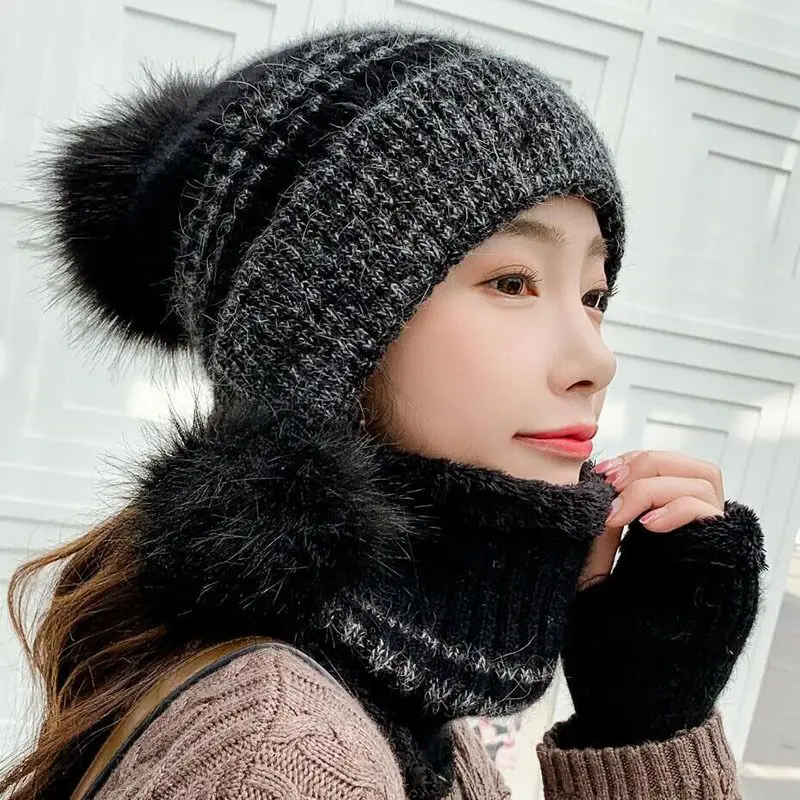 Модная зимняя Толстая кашемировая теплая шапка, шарф, помпоны, зимняя женская вязаная шапка из искусственного меха, шерстяная шапка, перчатки, лыжный Комплект из трех предметов