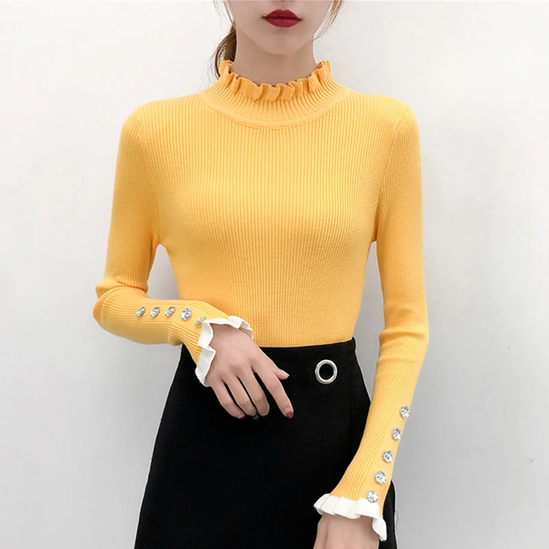 yellow H han queen/Новинка года; осенне-зимний свитер с воротником-стойкой и бусинами; мягкий полувер с длинными рукавами; вязаный эластичный джемпер; повседневные топы - Цвет: yellow