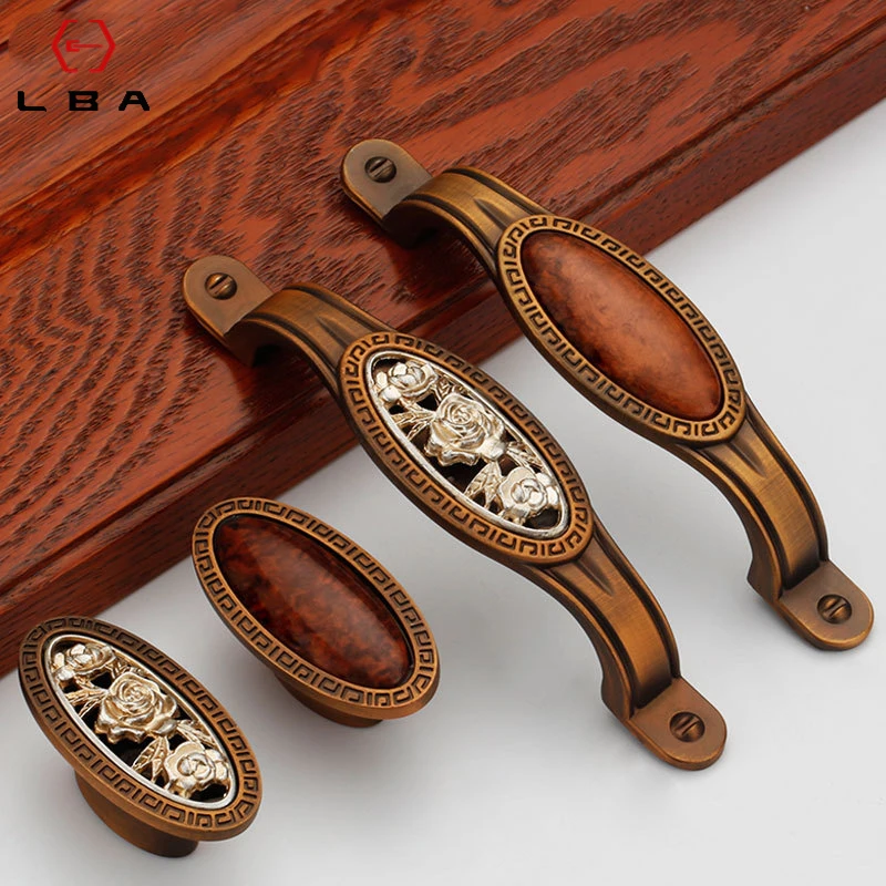 

LBA Chinese Ceramic Matte Brown Decorative Furniture Jade Door Handle Drawer Wardrobe Flush Handles Ancient Silver Inlay Handle