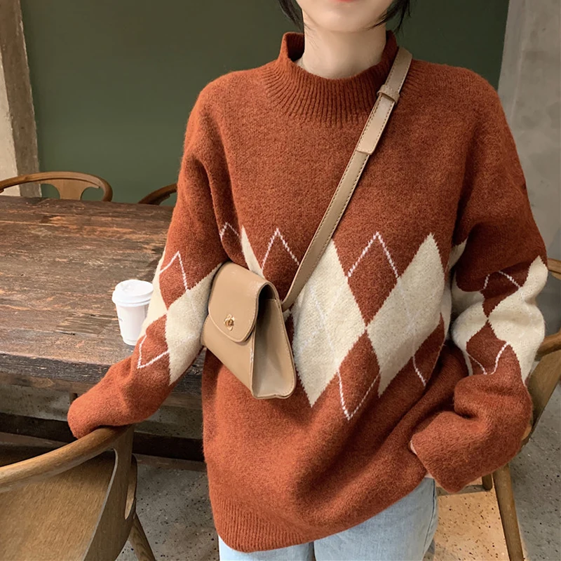 Women Sweaters and Pullovers Knitted Sweater Rhombus Loose Long Sleeve Sweater Plus Size Sweaters Fashion 2019 Women
