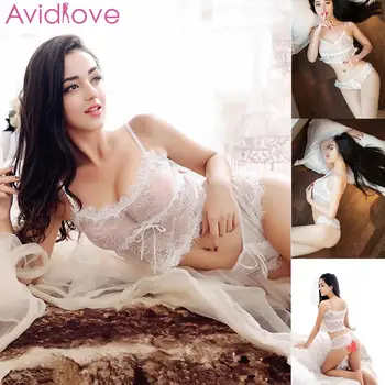

Hot Women Erotic Underwear Bra Set Sexy Lingerie Briefs Babydoll Pajamas Set Three Point See-through Floral Lace Teddy Intimates