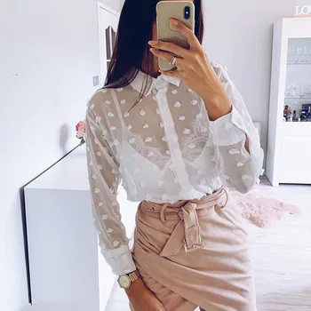 

Fashion Women Turndown Collar Solid Floral Perspective Chiffon Shirt Blouse Tops