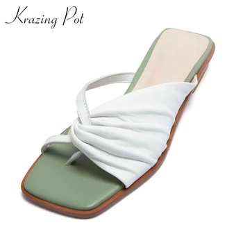 

Krazing pot full grain leather pleated convenient peep square toe low square heel outside slipper young lady shoes women L8f2