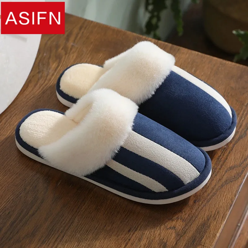 

ASIFN Men Winter Slippers Fur Indoor Flannel Ladies Thick Couple Thick Non-slip Striped Warm Home Slippers for Men