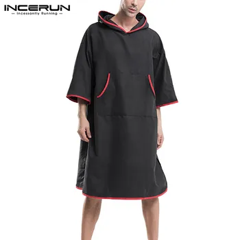 

INCERUN Mens 3/4 Sleeve Hooded Homewear Fashion Bathrobes Loose Patchwork Nightgown Quick Dry Bath Towel Hombre Sleepwear S-5XL