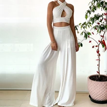 

Wefadses Two-Piece Halter Neck Strap Set Summer Holliday Suit Sexy Top Elegant Wide Leg Pant