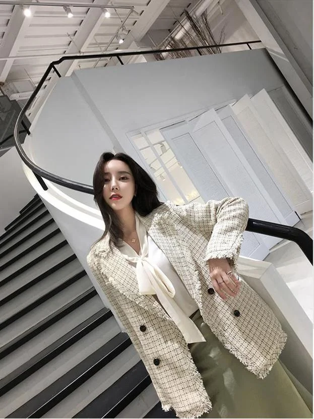 Heydress Осенняя Новая женская винтажная твидовый в клетку Блейзер Пальто Женская двубортная куртка с кисточками Femme офисная верхняя одежда