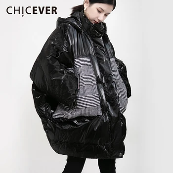 

CHICEVER Casual Patchwork Plaid Cotton Coat For Female Hooded Long Sleeve Bat Sleeved Women's Parkas 2020 Fashion New Clothing