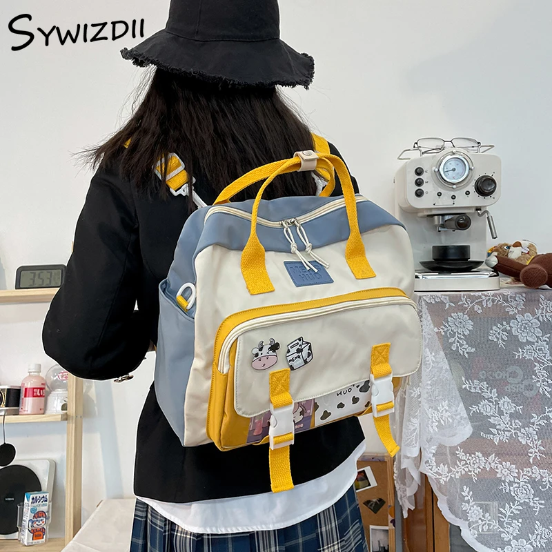 SYWIZDII-Mochila De Vaca para mujer, bolso escolar multifuncional con insignia de chica para adolescentes escolares, estilo Kawaii