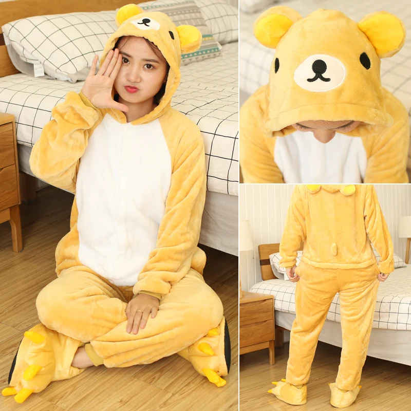 Rilakkuma Bear FL BIKIRUB, пижамы для взрослых, Женская фланелевая одежда для сна, унисекс, кигуруми, милый единорог, стежок, Мультяшные животные, пижамный комплект, Детская Пижама с капюшоном - Цвет: Rilakkuma Bear FL