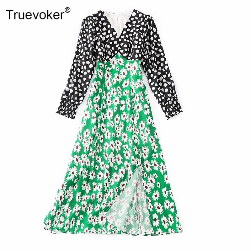 

Truevoker Autumn Runway Designer Dresses Women's Long Sleeve Color Block Flower Printed Casual Silk Holiday Vestidoes