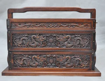 

Christmas Chinese Huanghuali Wood Carved Dragon Ancient Tableware Food box Food containers Halloween