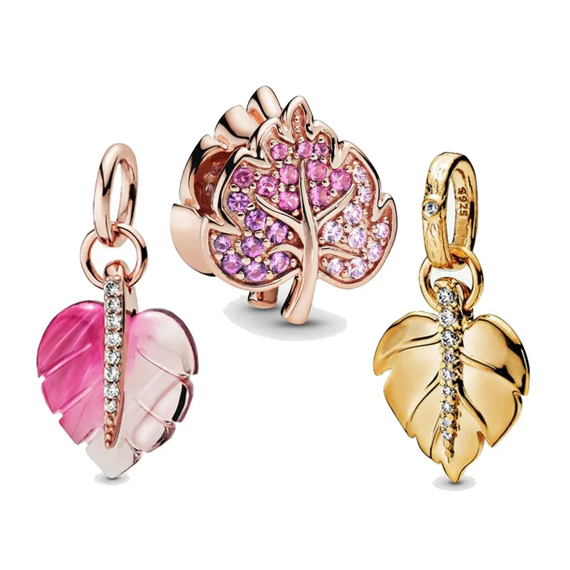 

Shinning Rose Pink Murano Glass Leaves Charm Silver 925 Sparkling Pave Leaf Bead Fit Original Women Pandora Bracelet Necklaces