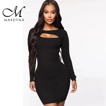 

Maketina Bandage Dresses 2019 New Arrivals Black Sexy Round Neck Long Sleeve Bodycon Bandage Dress Mini Cutout Bandage Dress