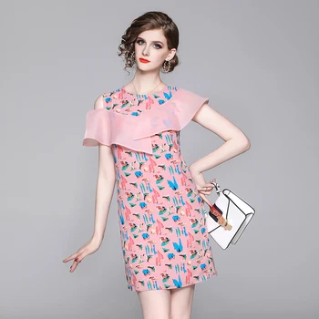 

2020 Summer Office Lady Fashion Party Dress Elegant Sleeveless Organza Ruffles Patchwork Print Chiffon Slim Women's Mini Dress