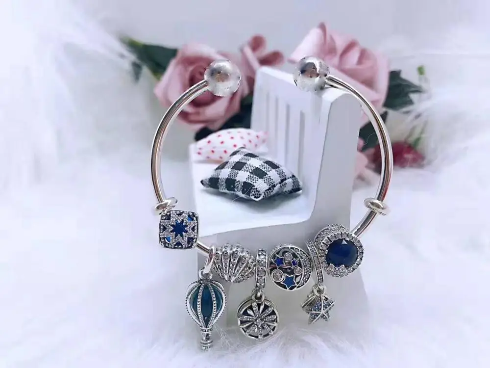 

Kristie 100% 925 Sterling Silver 1:1 Original High-Quality Reproduction Blue Star Balloon Design Open Band Free Of Charge