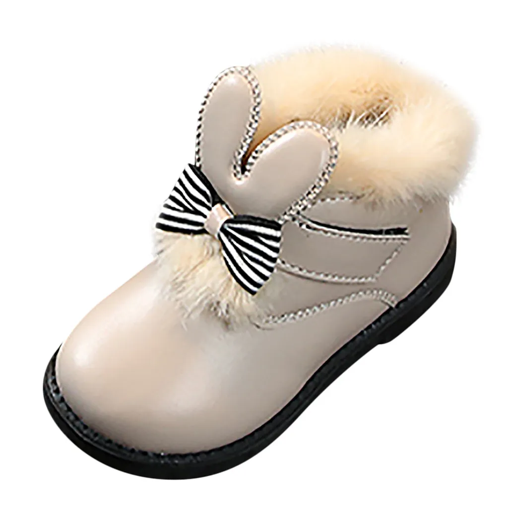Новые кожаные ботинки для девочек; обувь для мальчиков; сезон осень-зима; ботинки из искусственной кожи; Детские легкие ботинки с бантом в британском стиле; хлопковые ботинки принцессы - Цвет: Бежевый