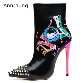 

Colorful Graffiti Ankle Boots Genuine Leather Pointed Toe Stiletto High Heels Rivet Side Zip Autumn Winter Booties For Woman
