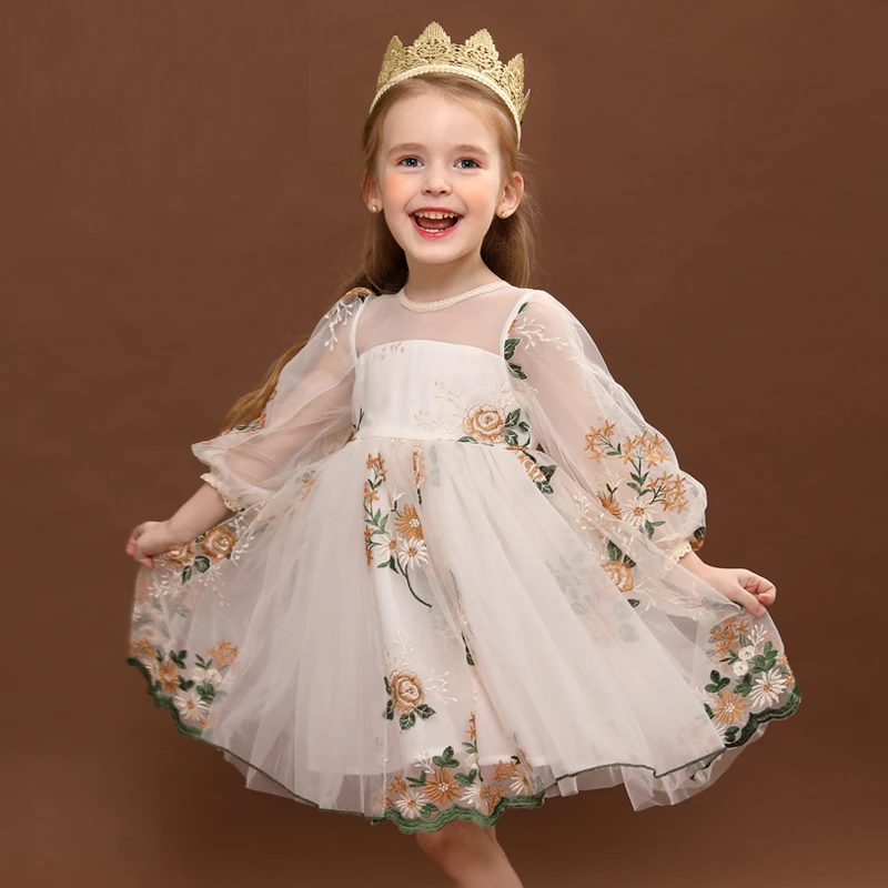Spring &amp Autumn Princess Dresses for Girls Clothes Long Sleeve Embroidery Flower Birthday Party Costume Cute Kids Family Outfits | Мать и