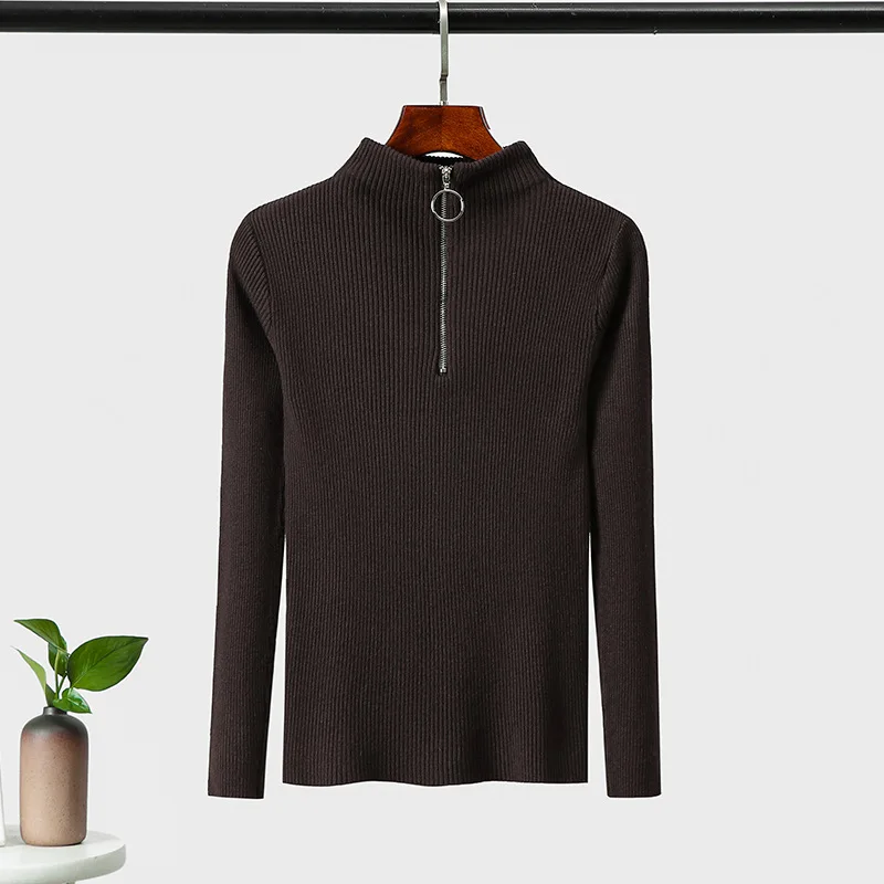Dark Brown Neploe, свитер на молнии с высокой горловиной, вязаный свитер, пуловер, облегающий, Одноцветный, длинный рукав, для осени и зимы, Jumper48016 - Цвет: Dark Brown