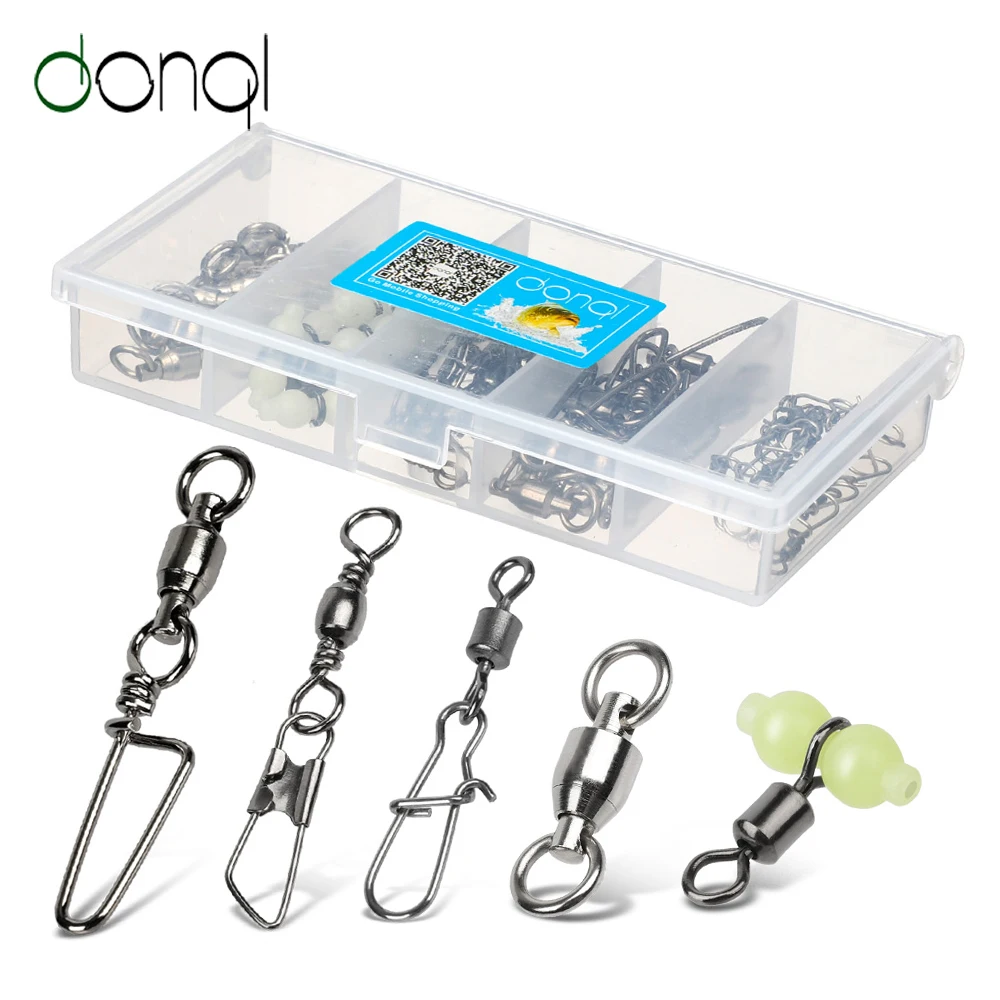 

DONQL 50pcs/ Set Mixed Fishing Connector Interlock Buckle Rolling Swivels Solid Rings Connector Luminous Beads Fishing Tackle