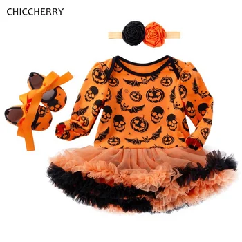 

Orange Long Sleeve Lace Romper Dress Headband Crib Shoes 3PCS Newborn Tutu Sets Kids Halloween Costume for Baby Girl Clothes