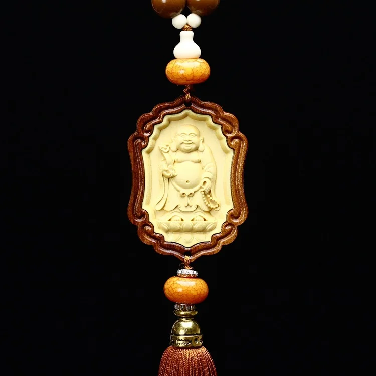 Rosewood Carving Car Accessories Boxwood Inlaid Rosewood Laughing Buddha Safeness Car Pendant Wholesale
