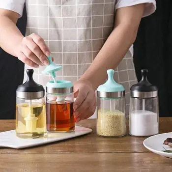 

Creative Glass Spice Jar Container with Spoon Oil Bsuh Seasoning Box Salt and Pepper Shakers BBQ Condiment Bottle Kitchen Tools