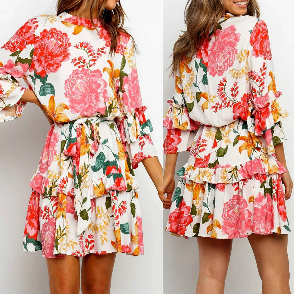 Summer Dress women Floral print Boho Beach Dress Vintage long Sleeve A-Line Party Mini Dress Elegant Sundress femme Vestido#G3