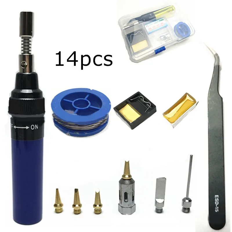 14pcs blue Сварочная Ручка горелки дующий фонарь 1300 градусов Цельсия бутан газовый сварочный паяльник Газовый паяльник беспроводной бутан наконечник инструмент - Цвет: 14pcs blue