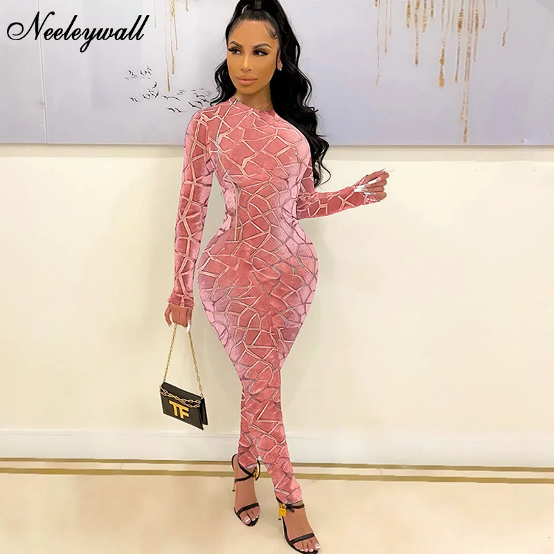 

Neeleywall Sexy Pink Velvet Mesh Skinny Long Pant Jumpsuit Women New Long Sleeve Zipper One Pieces Romper Sexy Clubwear Outfits