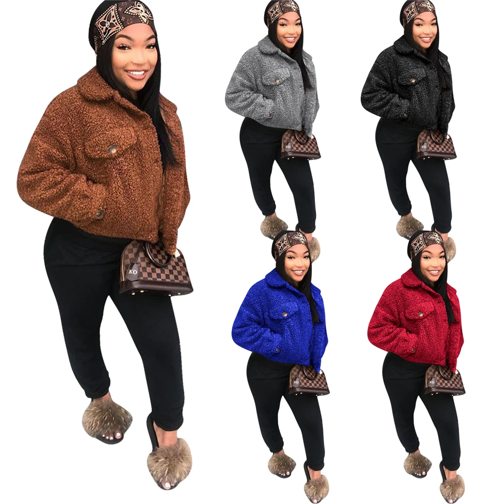 

Warm Thick Fleece Teddy Coat Winter Women Cropped Puffer Jacket Pocket Plush Coat Long Sleeve Fuzzy Outwear 2020 Cardigan Coat