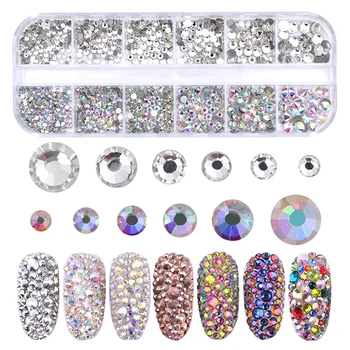 

12girds/set Multi-size Gold Silver Nail Rhinestones Hollow 3D Crystal AB Glass Mix Metal Frame Nail Rivets Charm Tips