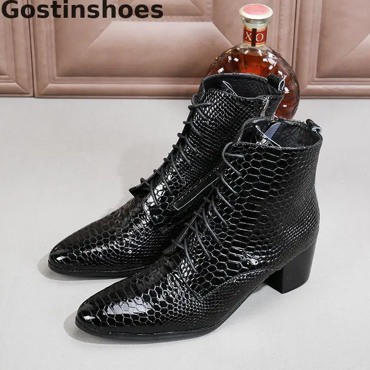 

Luxury Men Boots Black Genuine Leather Snakeskin Printed Men Work Ankle Boots Fashionable Metal Capped Toe Lace-up Short Boots