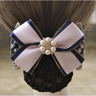 Fashion Handmade Office Lady Bow Tie Barrette Hair Clip Cover Bowknot Net Bun Snood Hair Accestory - Color: N