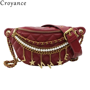

Croyance Chain Fanny Pack Imitation Pearls Waist Packs New Brand Belt Bag Women Waist Pack PU Leather Chest bag Dropshipping