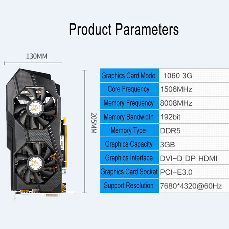  8008MHz GTX1060 3G 192Bit GDDR5 PCI-E 3.0 Video Graphics Card for NVIDIA GPU DVI-DP-HDMI Dual Fans 