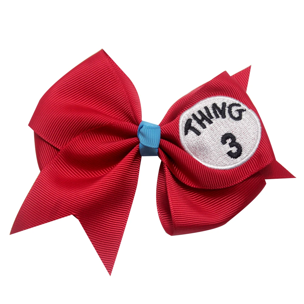 3 дюйма Dr Seuss Things1 2 3 милые однотонные волос Луки Вышивка Бант из корсажной ленты для девочек ручной работы волос зажим, аксессуар для волос
