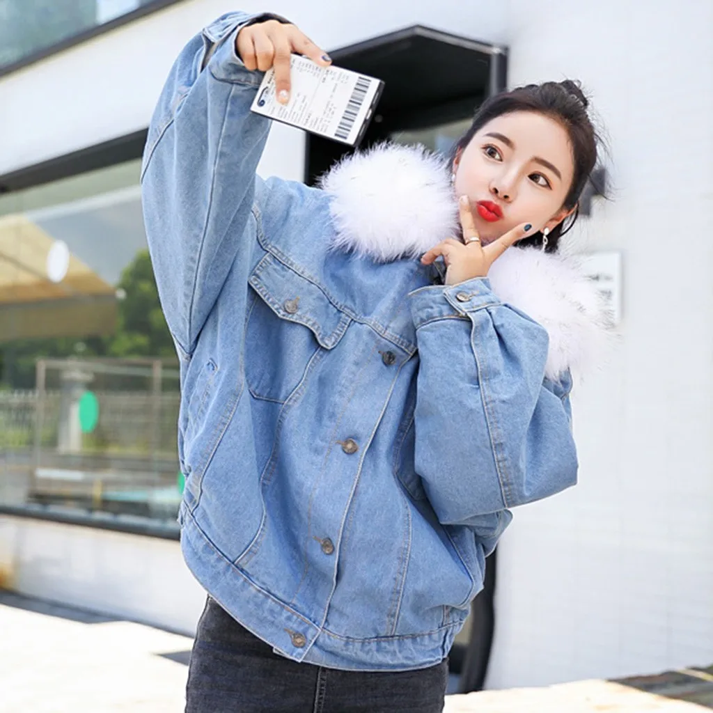 Women Denim Jacket Winter Thicken Fleece Outdoor Coat Faux Fur Collar Hooded Long Sleeve Denim Female Windproof Outwear#BL40