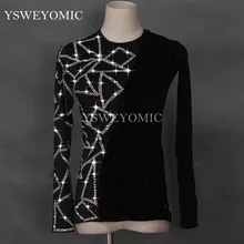 Black Latin Dance Shirts Men Flamenco Long Sleeve Round Neck Sequin Middle East Diamond Tops Ballroom Shirt Performance Wear
